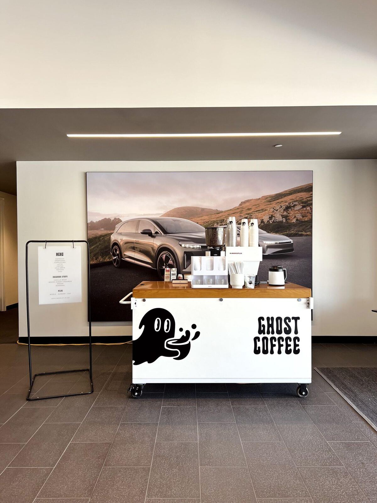 Mobile espresso bar at Lucid Motors showroom